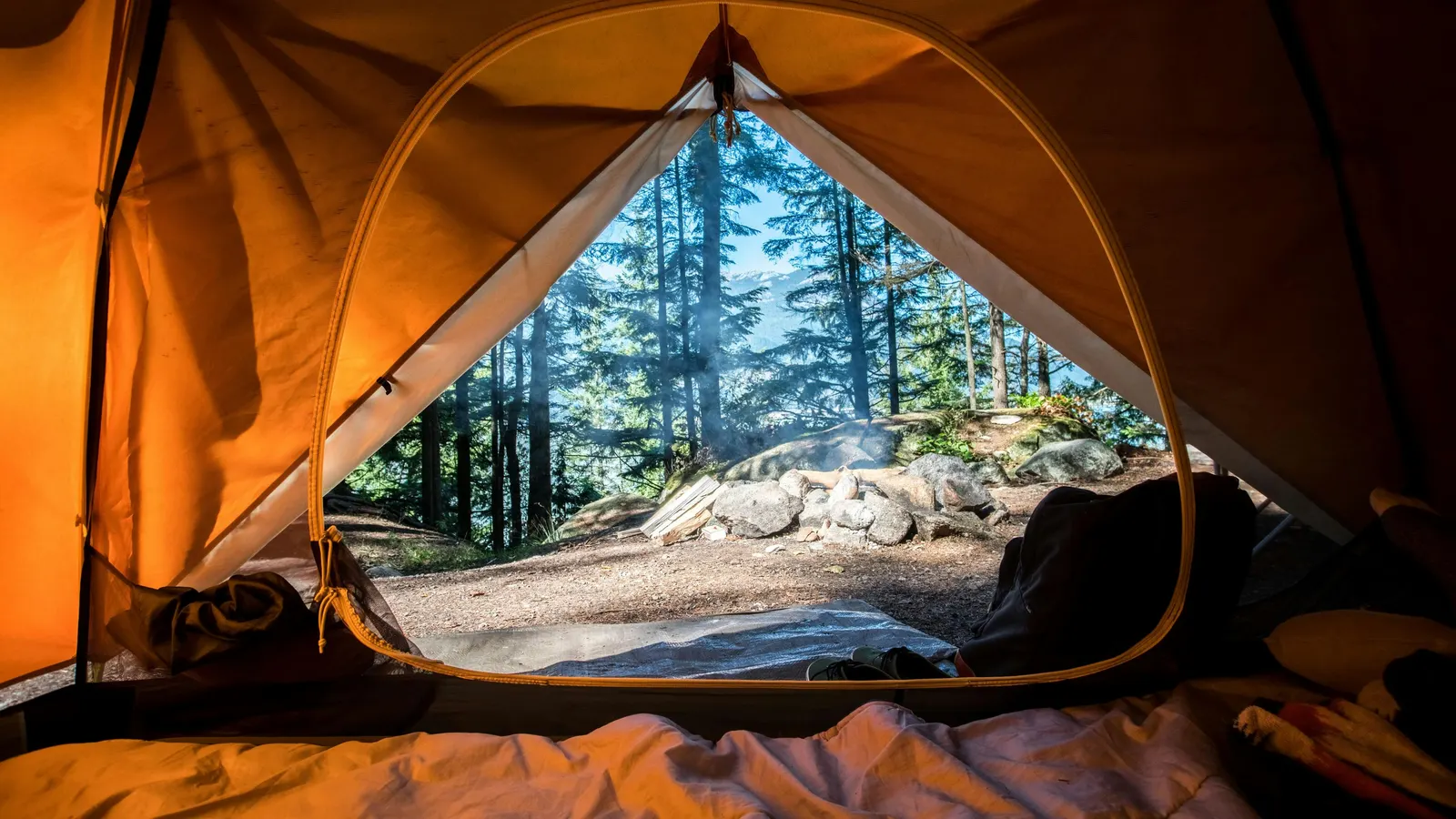 Looking out of an orange tent past a sleeping bag to a forest campsite